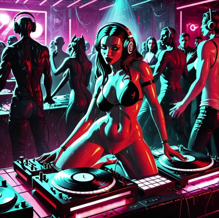 Horny van stevie: Sexy Demoness Dj Dystopian Cyberpunk Club Synthwave House Techno Ai
