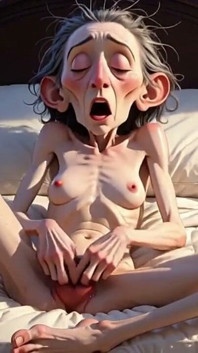 Extremely Skinny Old Woman Masturbates Her Tight Pussy with Her Fingers