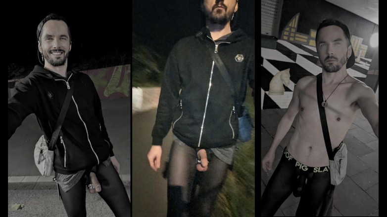 kinkygaynudist: Berjalan melalui bandar dalam bingkap tembus pandang (megging bonjolan)