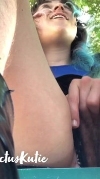 Risky Hairy Pussy Cum on Park Bench