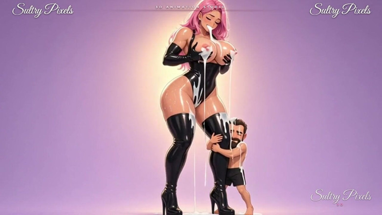 Sultry Pixels 3D: ピンク髪のアニメラテックス巨人が巨大な胸からミルクを絞り出し、小柄な男性が彼女のブーツを抱きしめている