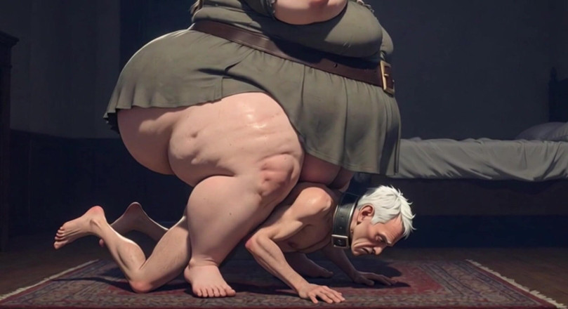 Anime Hentai: Dominatoare masivă zdrobind sclavul slab cu greutatea ei - umilință