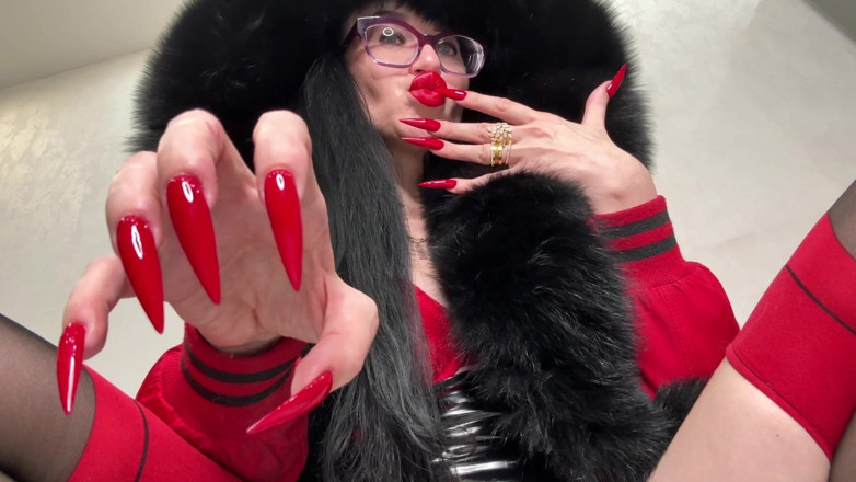 Julia domaina: Red Long Nails, Claws and Fur, Red Underwear, Stockings with...