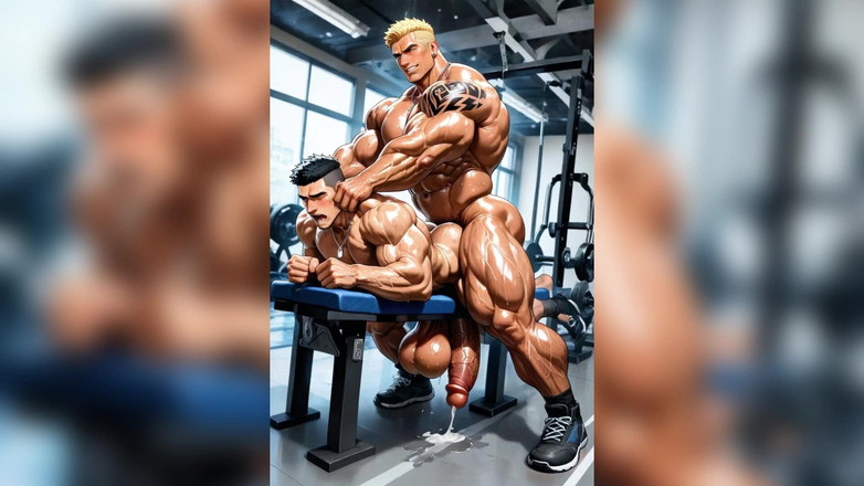AI gay porn: Muskulöst gym man knullar sperma