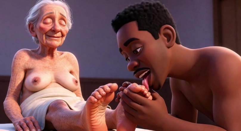 Anime Hentai: Starší babička má naolejované a olízané nohy - potěšení lízání chodidel