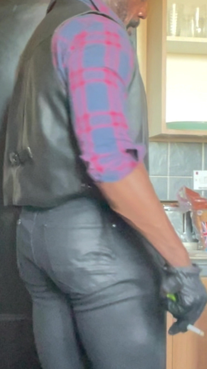 Black smoking muscle stepdad: Black Leather Smoking Dad