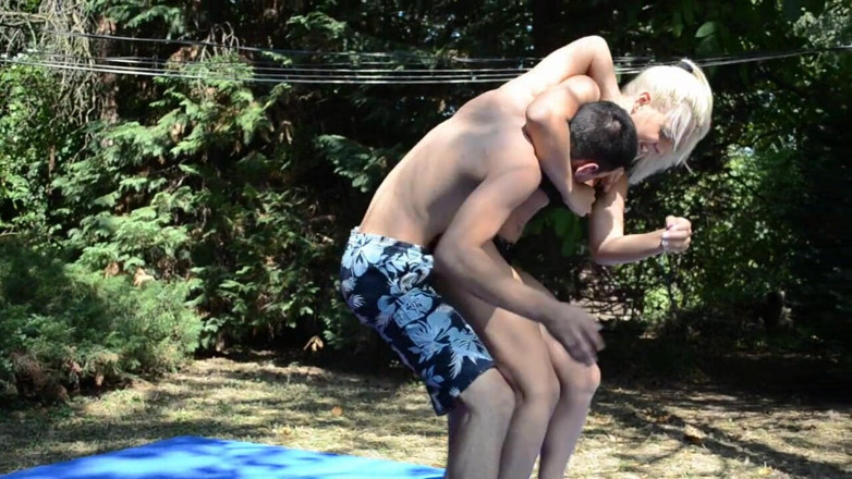European Erotic Mixed Wrestling Club: Hot blonde teens vs one guy in wrestling game