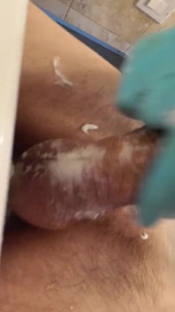 Amateur Guy Hard Jerking off His Uncut Huge Cock in Latex Glove and Take Massive Cumshot with Lot of Sperm