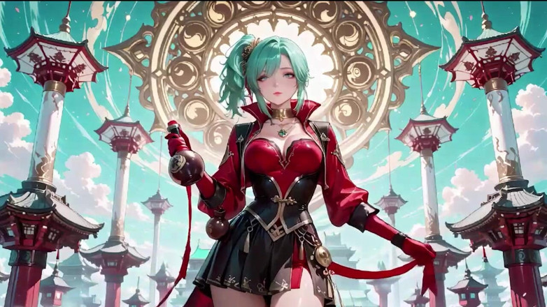 Tay Swift X: Green-haired Warrior in a Black-red Battle Robe, Commanding yet Shy...