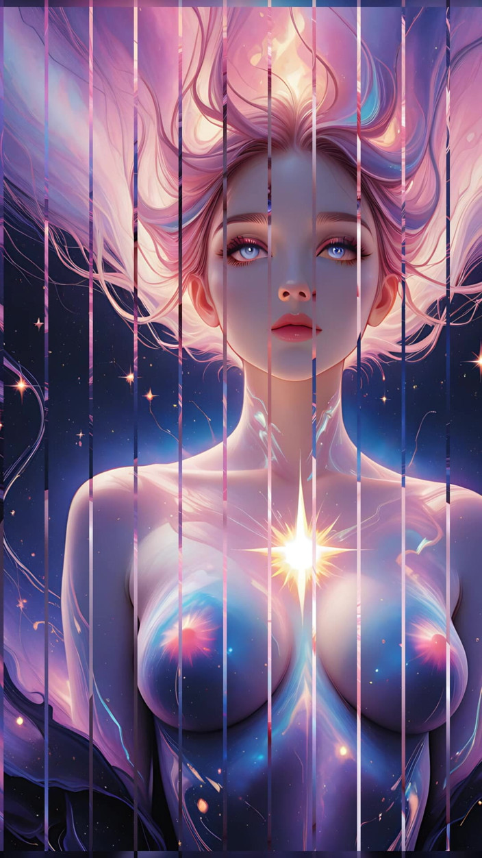 VelvetInk Studio: Kosmische traumgöttin, nackte frau, schwebt in surrealer fantasie, dreamscape, ai...