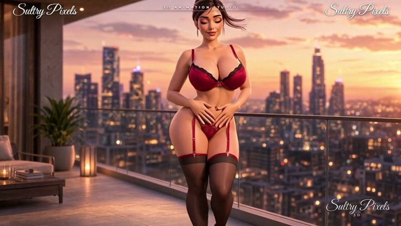 Sultry Pixels 3D: Si rambut coklat yang elegan dengan bulu berbogel di Teres -...