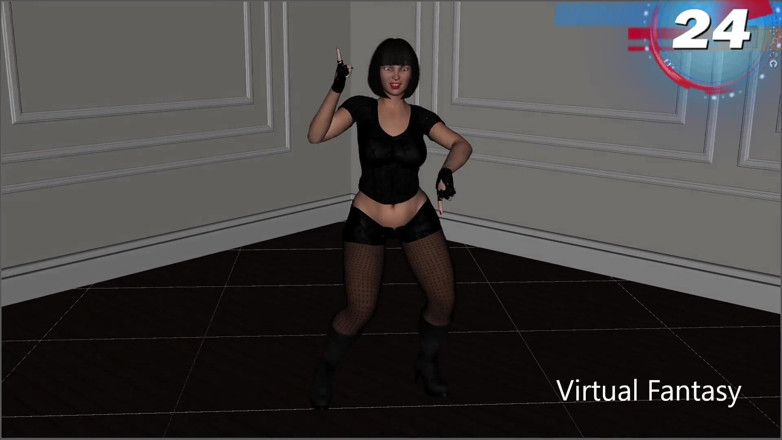 Virtual fantasy studio: Sexy menina 3D dançando em clubwear preto e bodysuit.