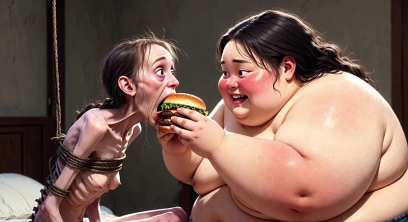 YOUR BEST FANTASY: Skinny Girl Getting Fed by Huge Fat Woman - Contrast Feeding...