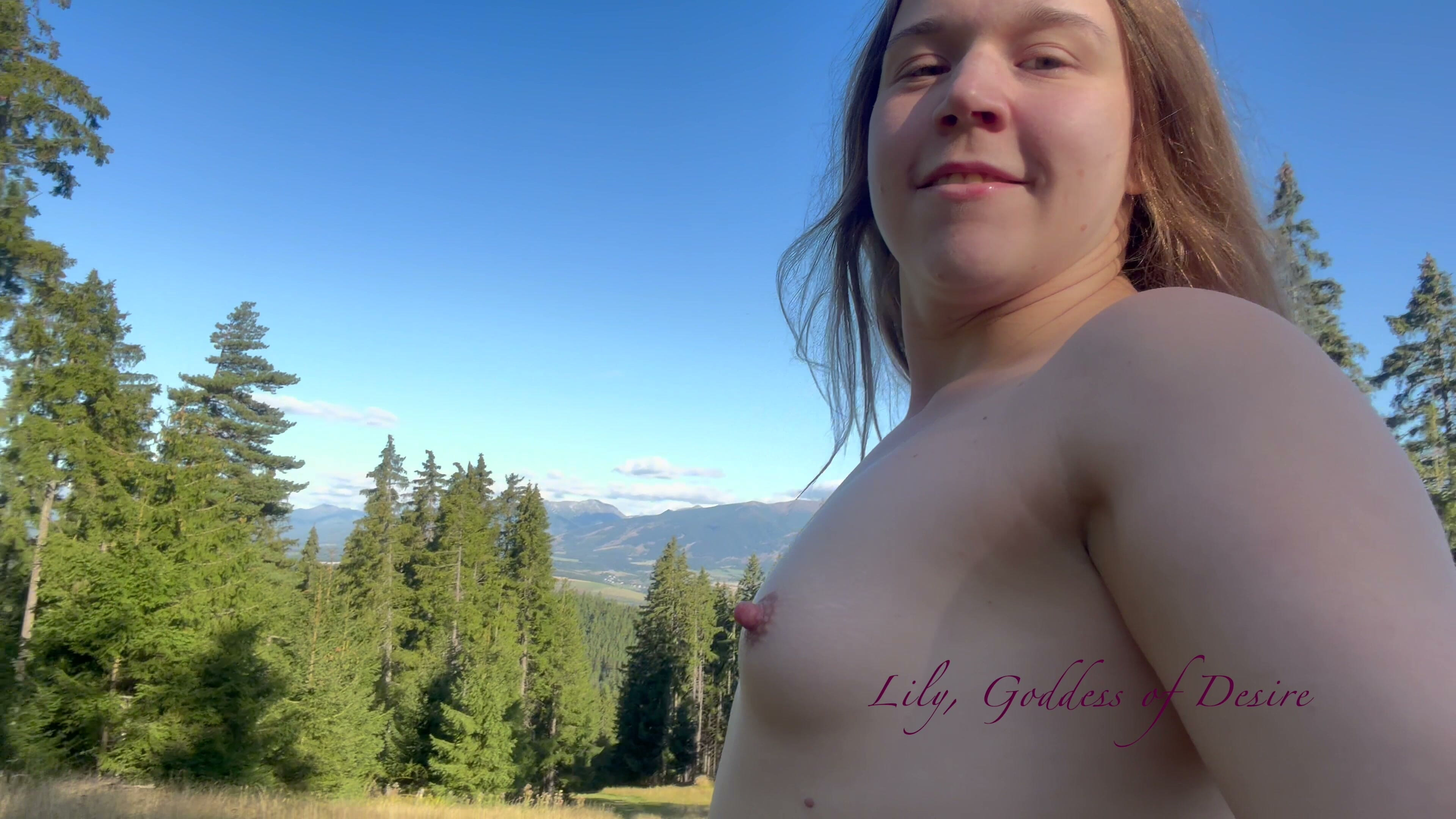 Walking in the Mountains Without T-shirt and Bra