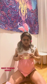 Chastity Sissy: Peeing in Bowl & Swallowing (bunny Outfit)