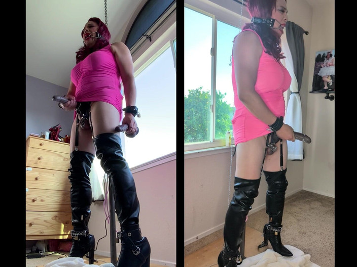 Sissy Candy: Сіссі замкнена в цнотливості і в бондажі на своєму посту величезним ділдо