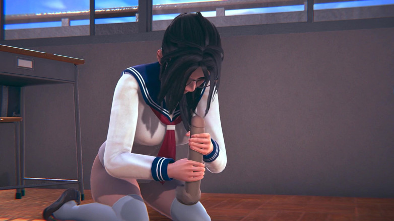 Waifu club 3D: Chica universitaria con gafas masturbándose la polla del maestro