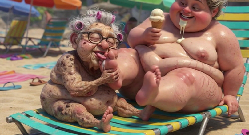 Anime Hentai: Anziana nonna succhia appassionatamente piedi bbw sulla spiaggia