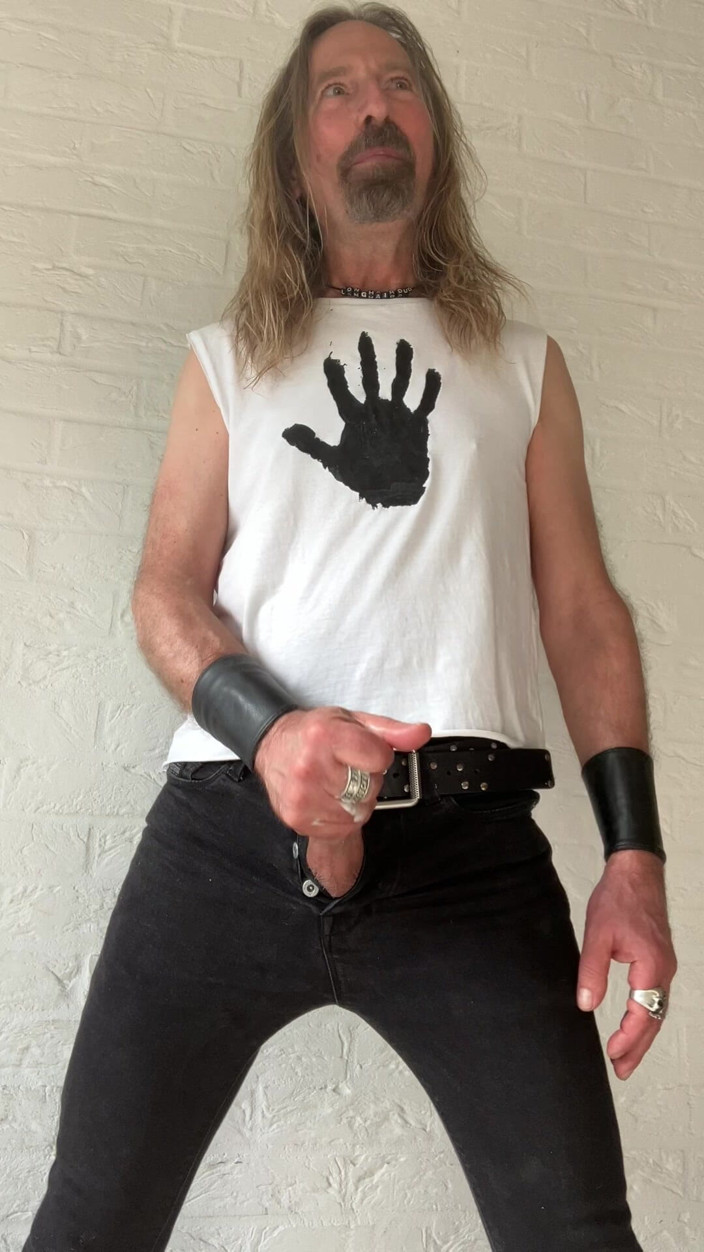 Longhairdude: Longhairdude in Skinny Black Jeans, Black Hand T-shirt, New Rock...
