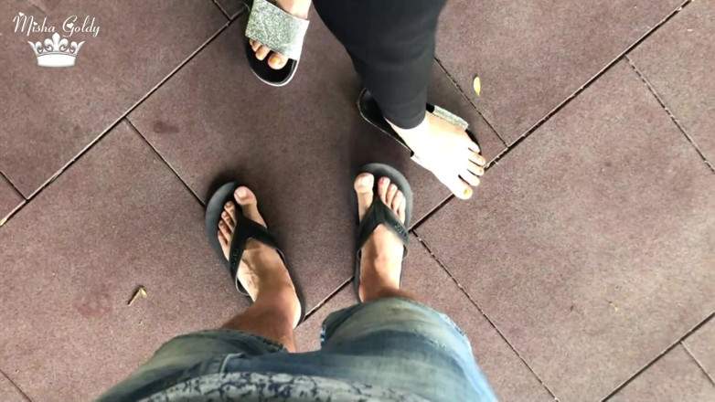 Goddess Misha Goldy: My new shiny slippers dangling everywere outdoor