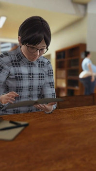 図書館の物語。図書館のホールで、若い女子学生が指で優しく彼女の秘部を撫でている。エンプティ41