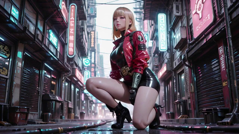 Seraphina Vale: Jaqueta de couro vermelha brilhando sob chuva de neon, pose...