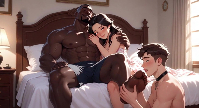 Anime Hentai: Degradação do corno - homem lambendo os pés do amante da...