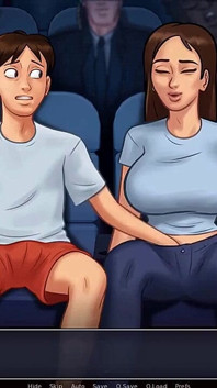 Summertime saga: stepbrother fingers his stepsister in the cinema