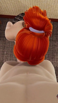 Muie cu roșcată stând pe scaun + ejaculare facială 3D cu vedere la persoana 1