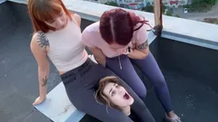 Lezdom Public Spitting and Smoking Humiliation with Double Domme