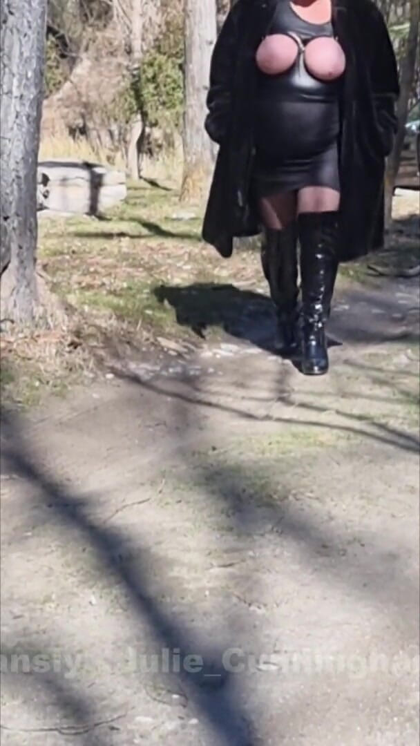 Julie Walking Through a Car Park Wearing Fur Coat, See Her Bound Tits Sticking Out (Julie Cunningham)