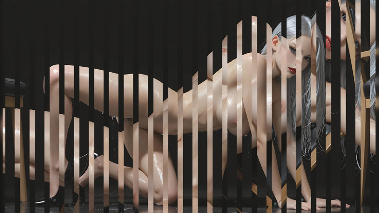 LustRender: Bella donna nuda con celestiale capelli d'argento disperata sedia macinare