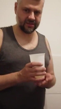 Tattooed Blonde Pees Into the Cup at the Toilet and Gets a Body Shot