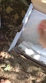 Twink Jerks off His Cock, Squirts Cum in Dirty Smelly Shoes, Into White Sneakers