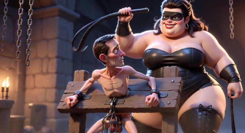 Anime Hentai: Gruba Dominatrix biczuje niewolników w klatce penisa - ekstremalne upokorzenie