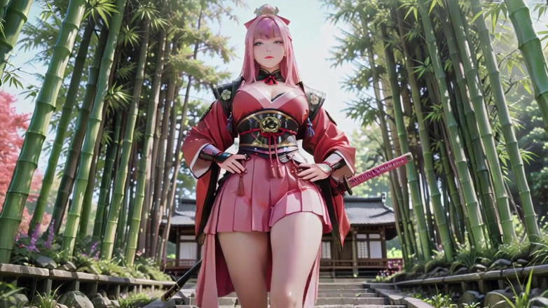 Seraphina Vale: Samurai Carmesí! Guerrero pelirroja arrodillado en tatami, Kimono resbalando para...