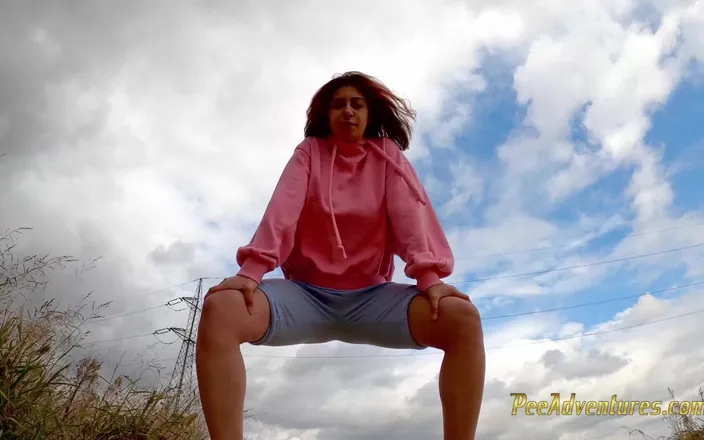 Pee Adventures: Running outdoors and pee with her legs wide opened outdoor