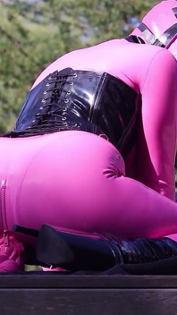 Pink Rubber Doll with Pink Gas Mask Solo Outdoors