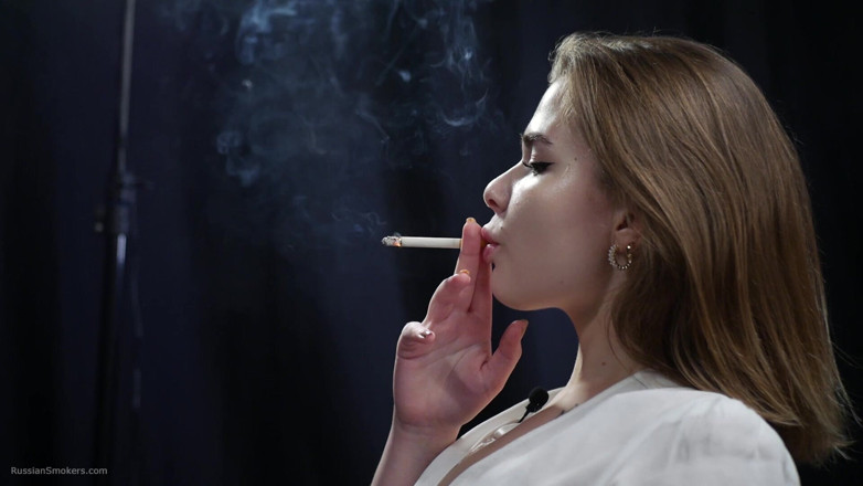 Russian Smokers: Russian Blonde Babe Smoking in White Blouse