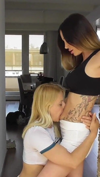 2 Beautiful MILFs Kiss and Lick Their Belly Buttons