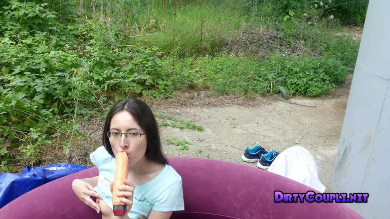 Dirty Couple: Outdoor big dildo masturbation - skinny brunette loves to suck big...