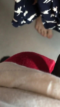 Close-up POV rubbing the clitoris with the big mushroom head of a hard cock. Huge cum load on her clit, bushes and panties.