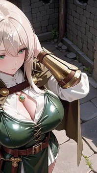 ブロンドナイトの午後!緑色の制服、黄金の機械の腕、古代の石の廃墟でのんびりと物思いにふける。