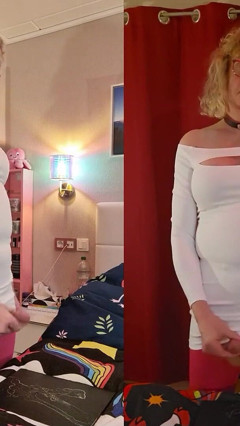 TS Lilly Sophie Plays with Her Big Tits and Hard Girlsdick in Her White Dress and Cums with Masturbator