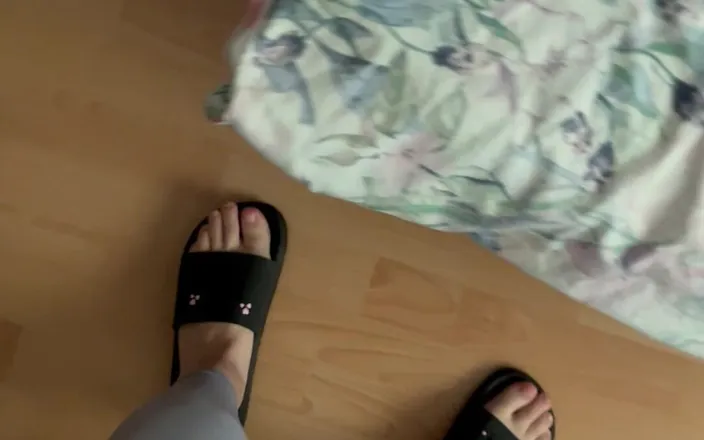 Feet: POV: the Sound of Flip-flops When Walking in Gray Leggings