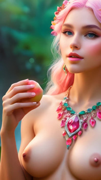 Hermosa chica elfo desnuda de grandes pechos con fruta chico
