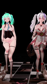 [MMD]Haku & Miku-Baam dança de mictório duplo de carne humilhação padrão obsceno montaria seda preta transparente