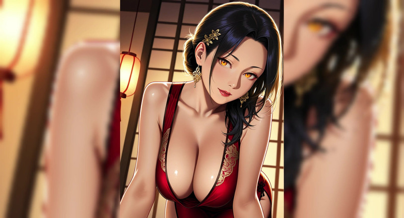 AI Porn: Rotes kleid, verführerischer waifu