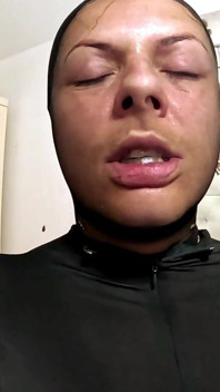 Pantyhose Encasement. Faceless Nylon Suit Tease, Finger Sucking and Intense Orgasm