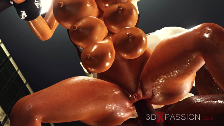 3dxpassion: Bir sürü göğüs ve sikiş makinesi! Seksi kelepçeli esmer büyük...